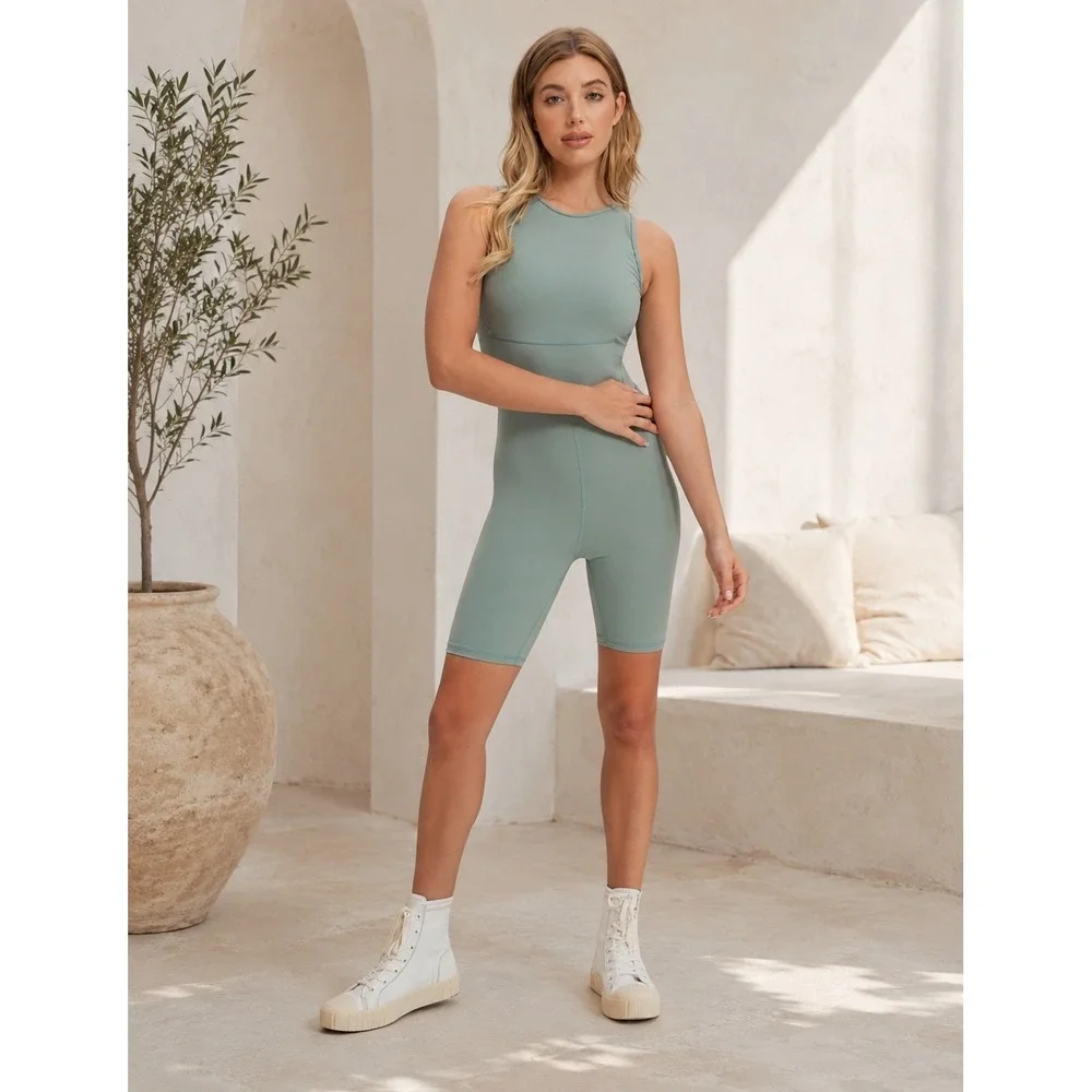 NOIZE Women's XL Sage Green Biker Short Romper Cutout Back Activewear